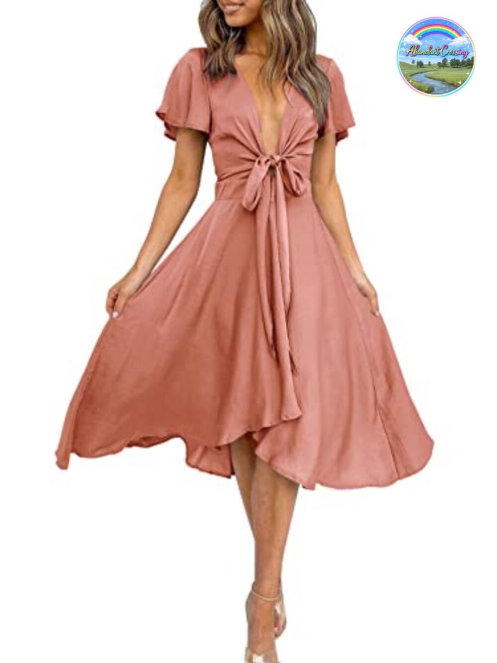 Satin V Neck Ruffle Short Sleeve Tie Front High Waist Midi A-Line Maxi Dress